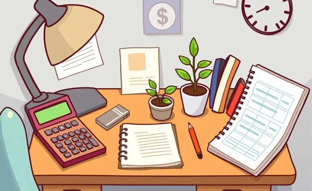 Budget planning desk with various financial tools.