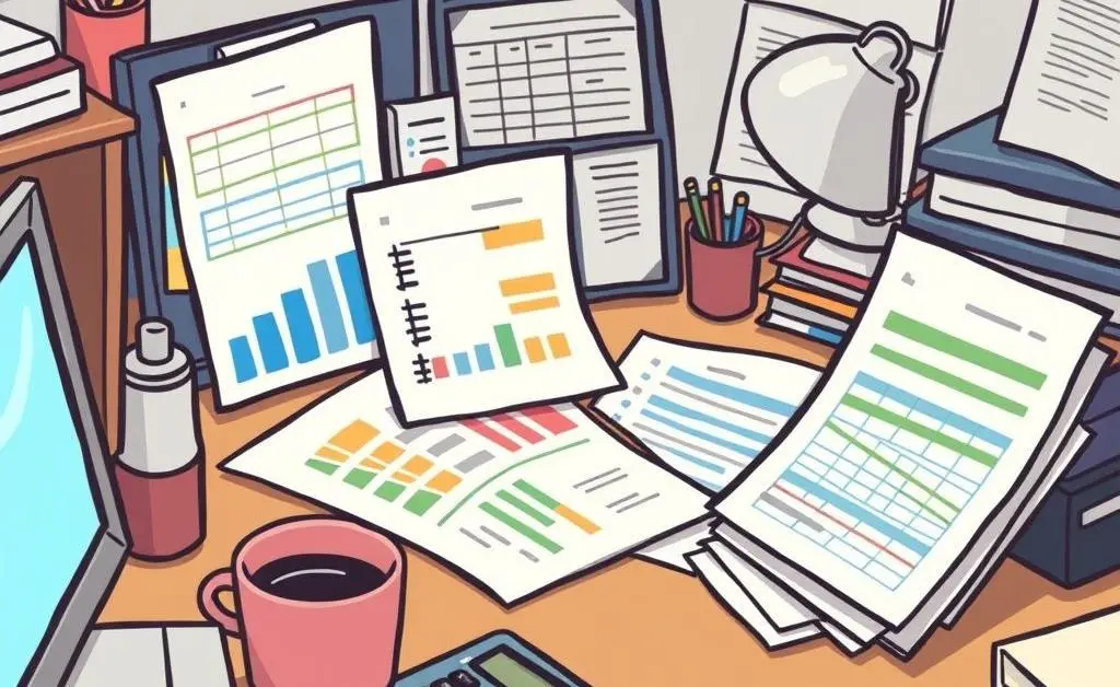 Cluttered desk with budget spreadsheets and calculator.