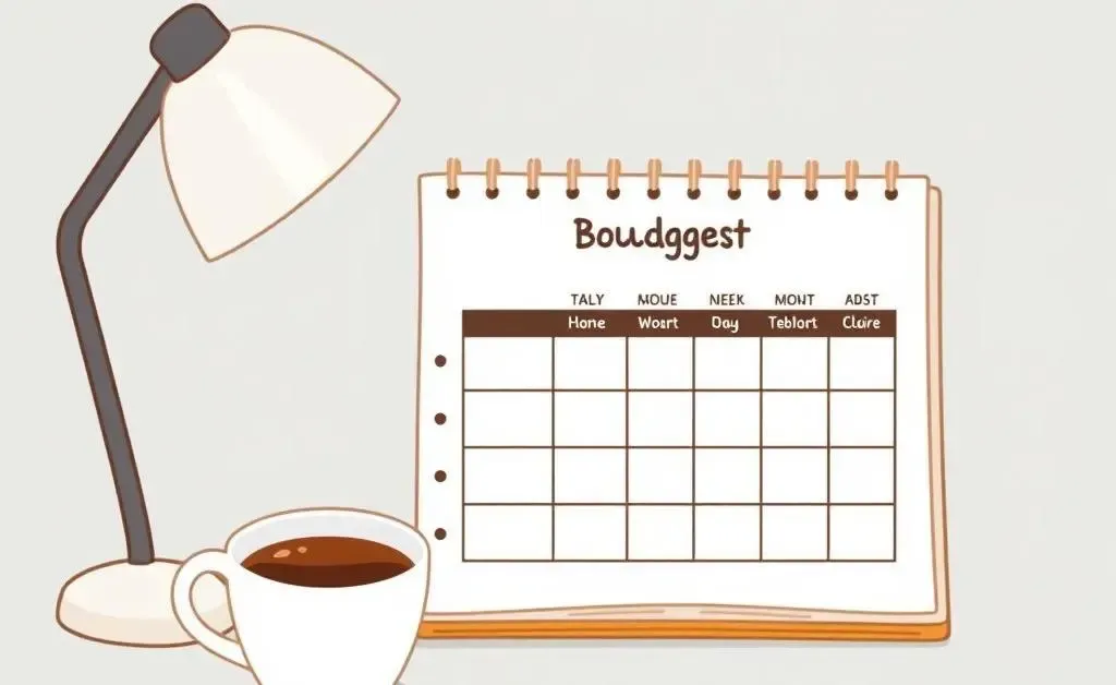 A minimalist cartoon of a desk with a budget planner and a cup of coffee.