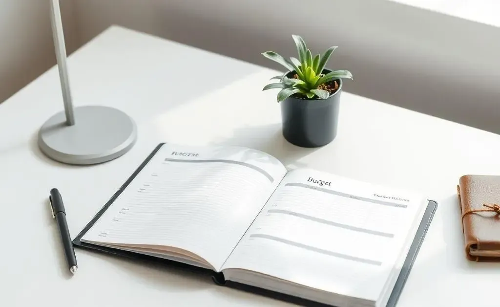 A budget planner on a neat desk with a plant and notebook