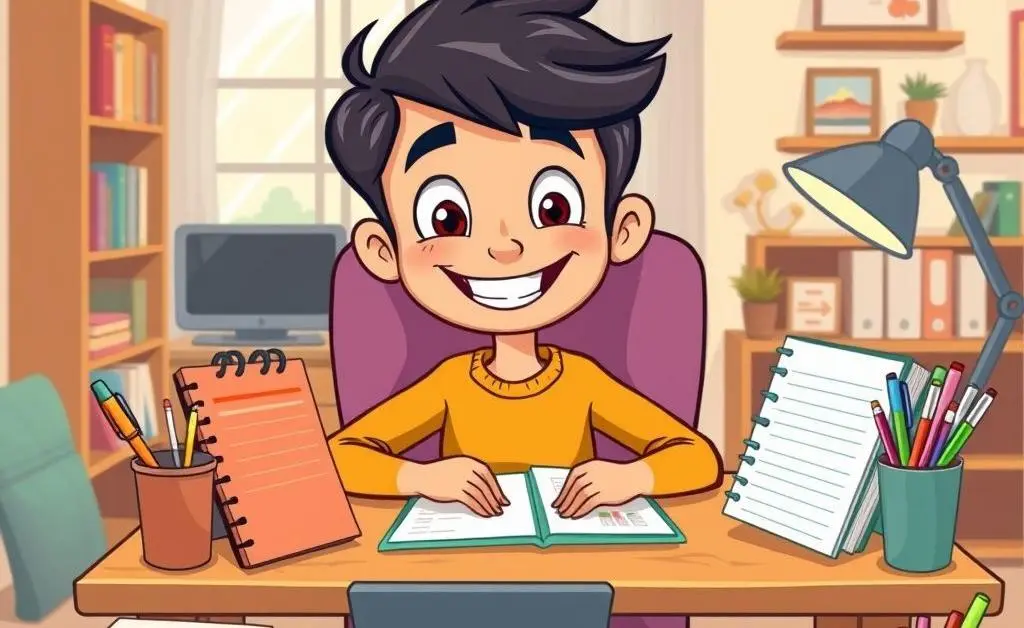 A cartoon person at a desk with a budget planner, pens, and calculator