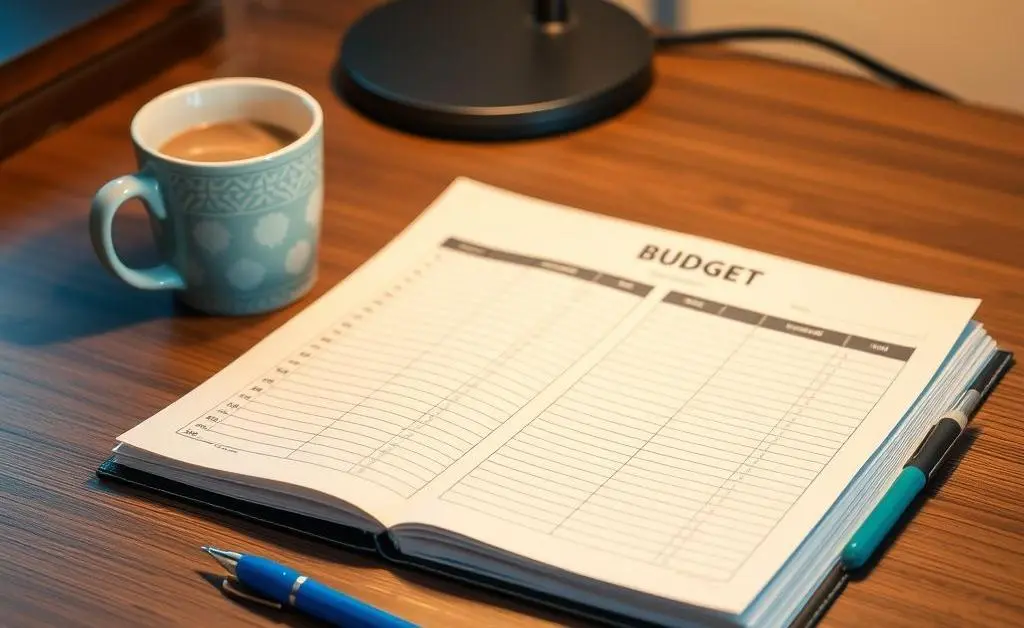 A neatly organized desk with a budget planner, a blue pen, and a coffee mug.