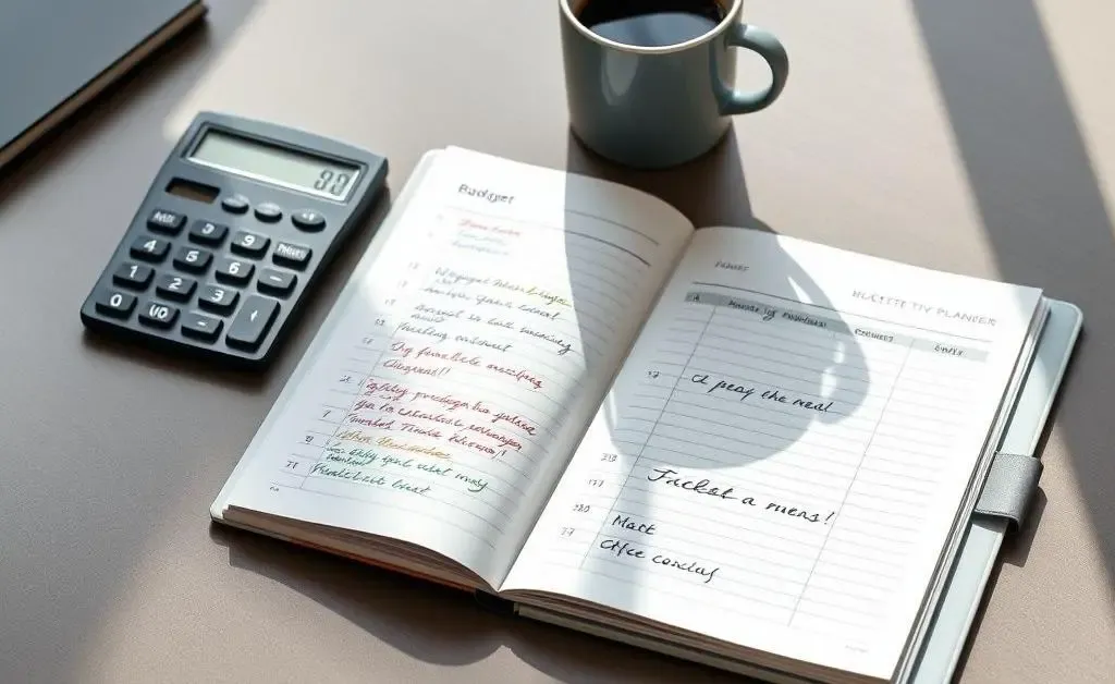 A desk with a budget planner, calculator, and a cup of coffee, signifying financial planning