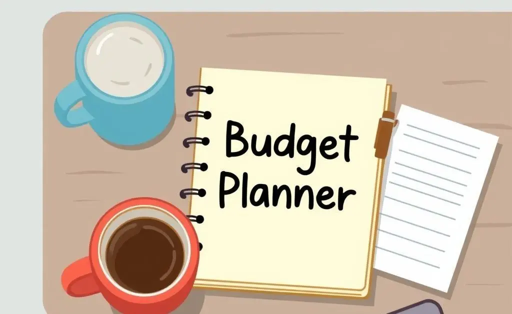 A cartoon-style image of a desk with a notebook labeled 'Budget Planner', a cup of coffee, and a calculator