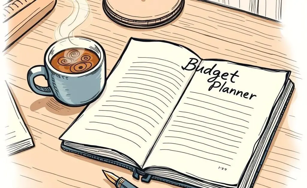 Hand-drawn image of a desk with a notebook labeled 'Budget Planner'