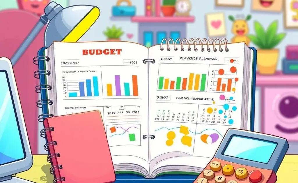 A cartoon-style desktop with a budget planner, coffee mug, and calculator.