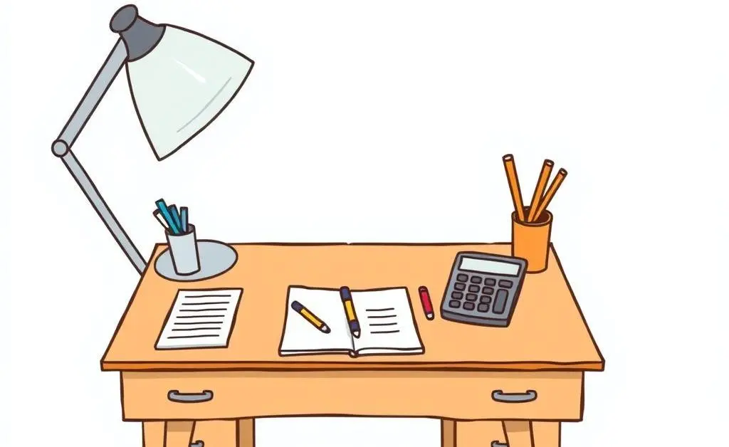 A cartoon-style drawing of a tidy desk with a notebook and calculator, symbolizing budgeting