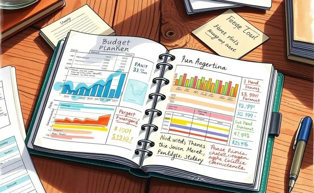 A budget planner with colorful charts and notes on a desk
