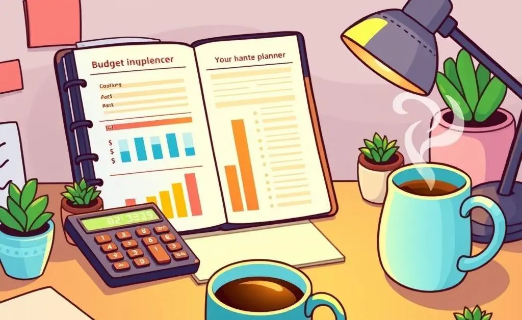 A cartoon-style desk with a budget planner