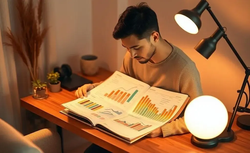 A person sitting at a desk, reviewing a budget planner with colorful charts, in a warm and calm setting.