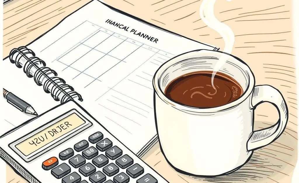 A desk with a budget planner, calculator, and a mug of coffee, indicating organized financial planning
