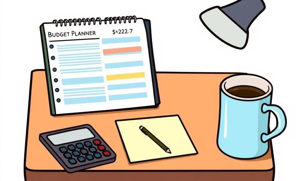 A desk with a budget planner, calculator, and coffee cup