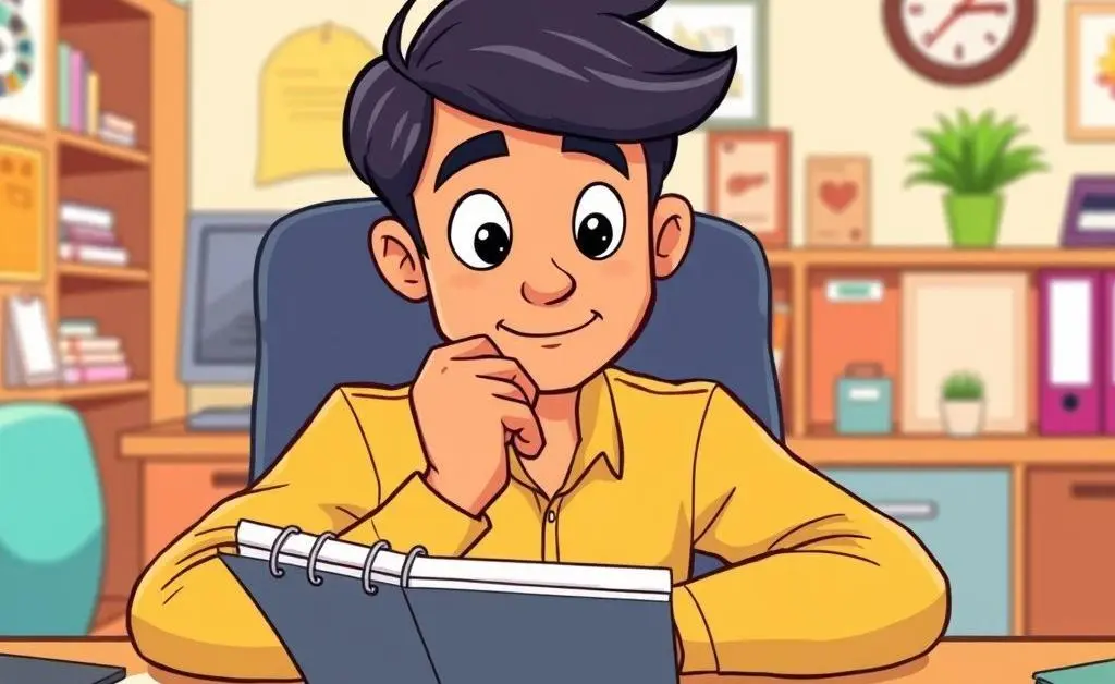 A cartoon image of a person with a budget planner on their desk, looking thoughtful.
