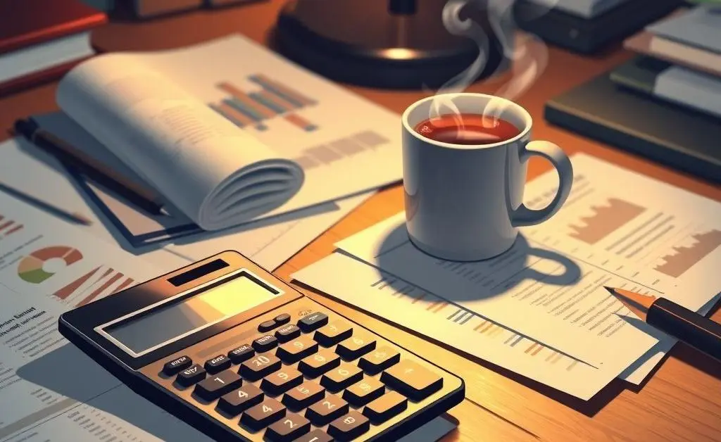 A desk with a calculator and paperwork.