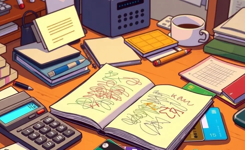 Cartoon image of a desk with credit cards and a budget planner