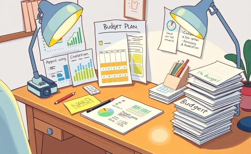 A cartoon-style image of a neatly organized budget plan on a desk.