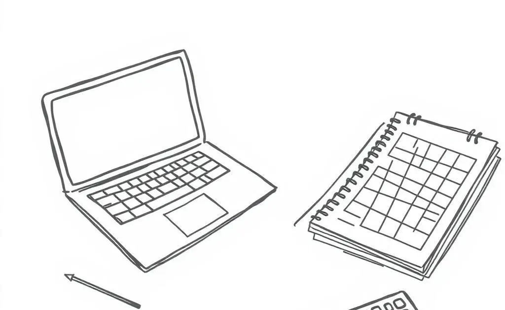 A desk with a laptop, budget planner, and calculator