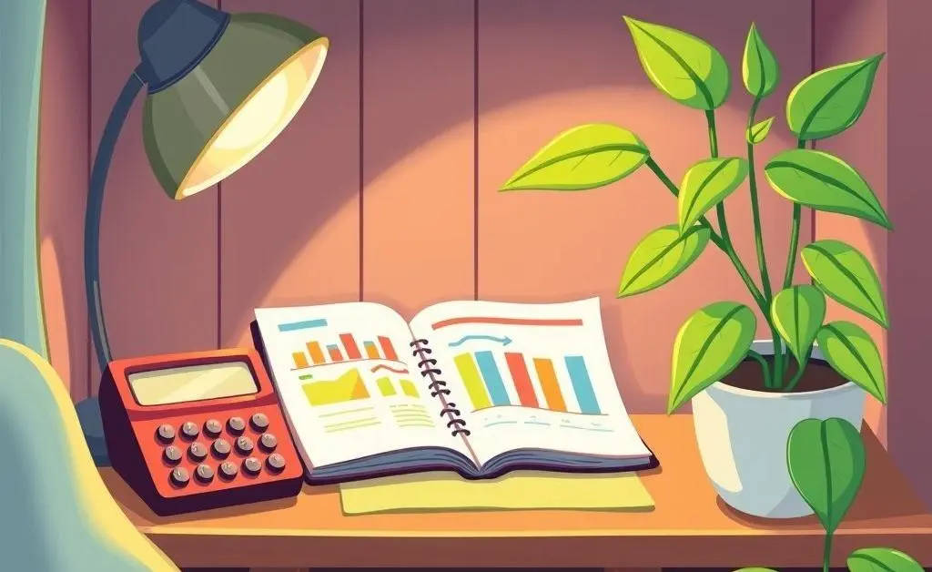 A desk with a budget planner, calculator, and plant
