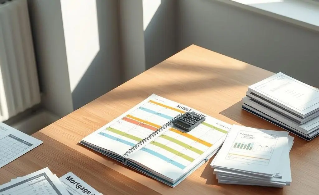Minimalist desk with a budget planner and calculator, surrounded by mortgage papers