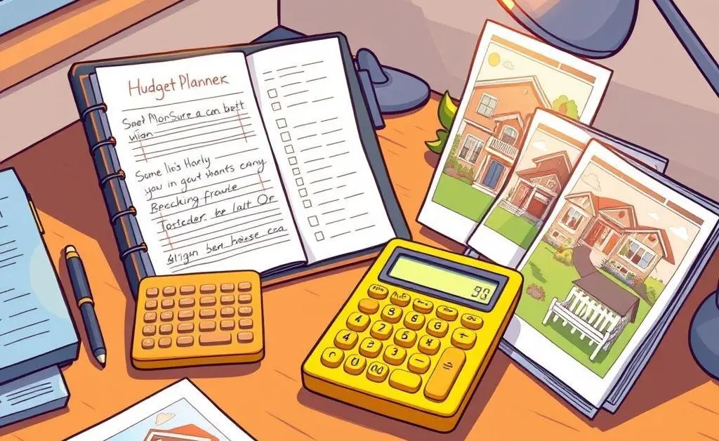 A desk with a budget planner, calculator, and home-buying brochures.