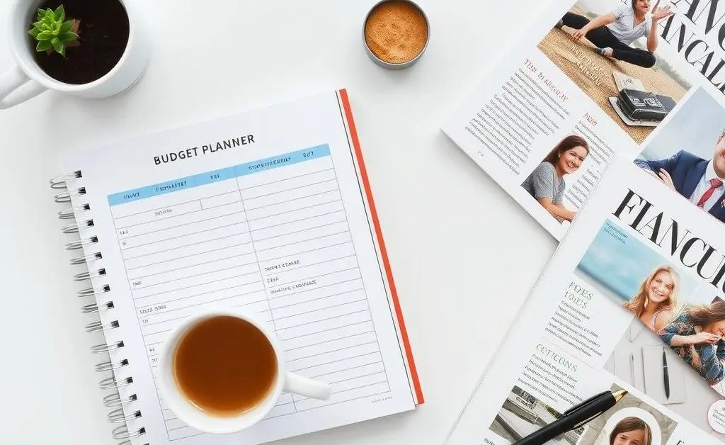 A clean desk setup featuring a budget planner, a cup of coffee, and financial magazines.