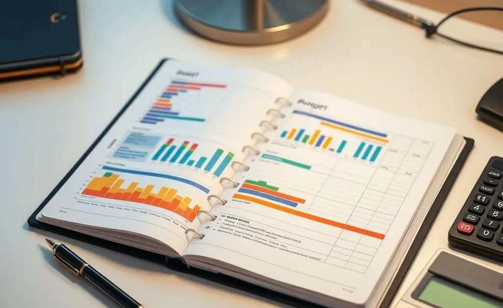 A tidy desk with a budget planner open, alongside a pencil and a calculator.