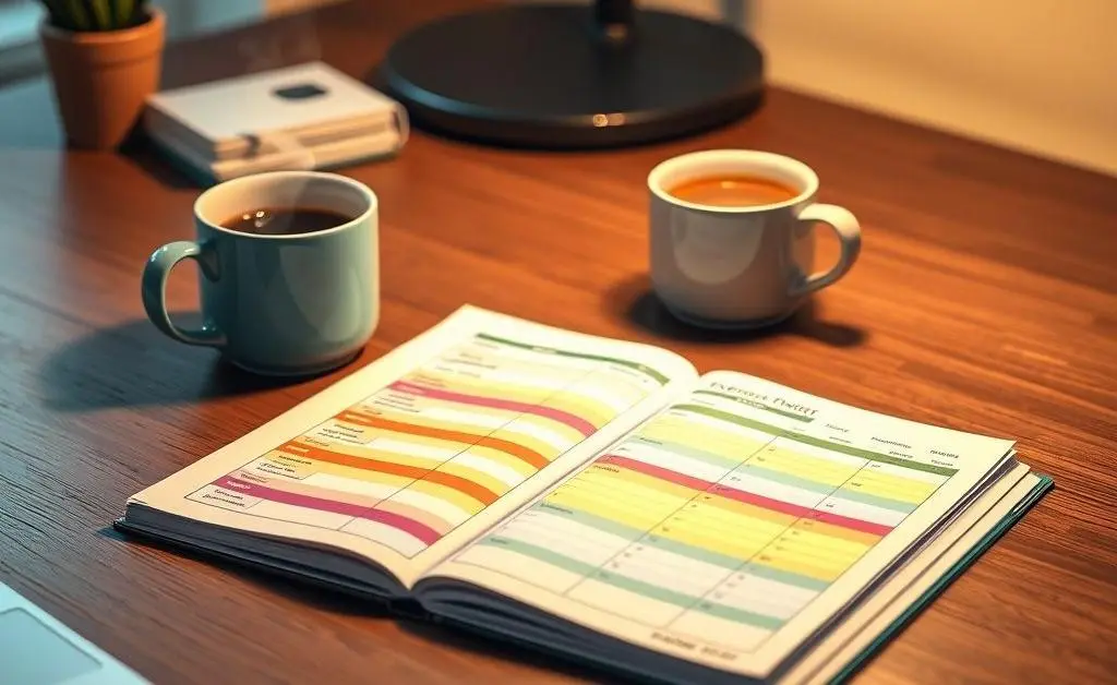 A neat desk with a colorful budget planner and cup of coffee