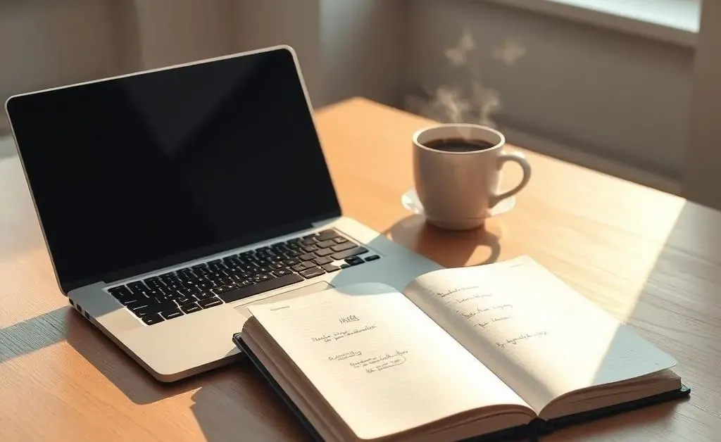 A minimalist desk setup with a budget planner and laptop