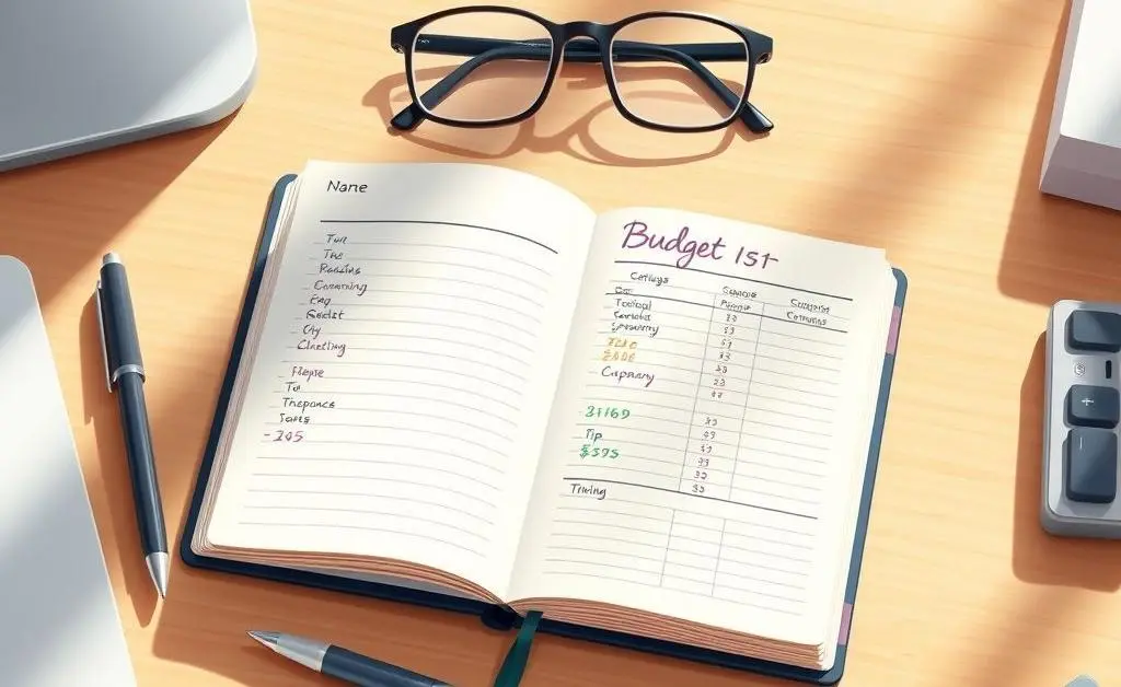 Illustration of a budget planner notebook on a neat desk
