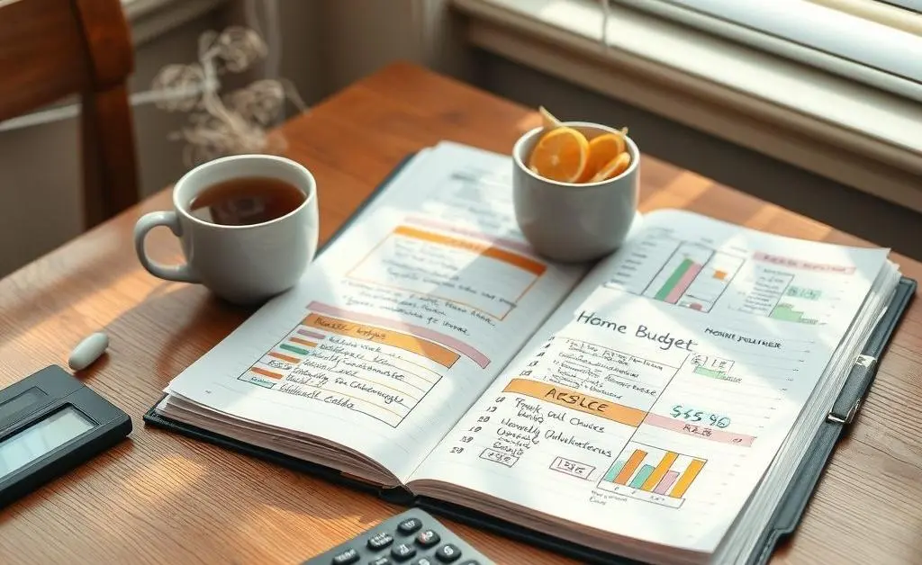 Home budget planner, calculator, and tea on a desk