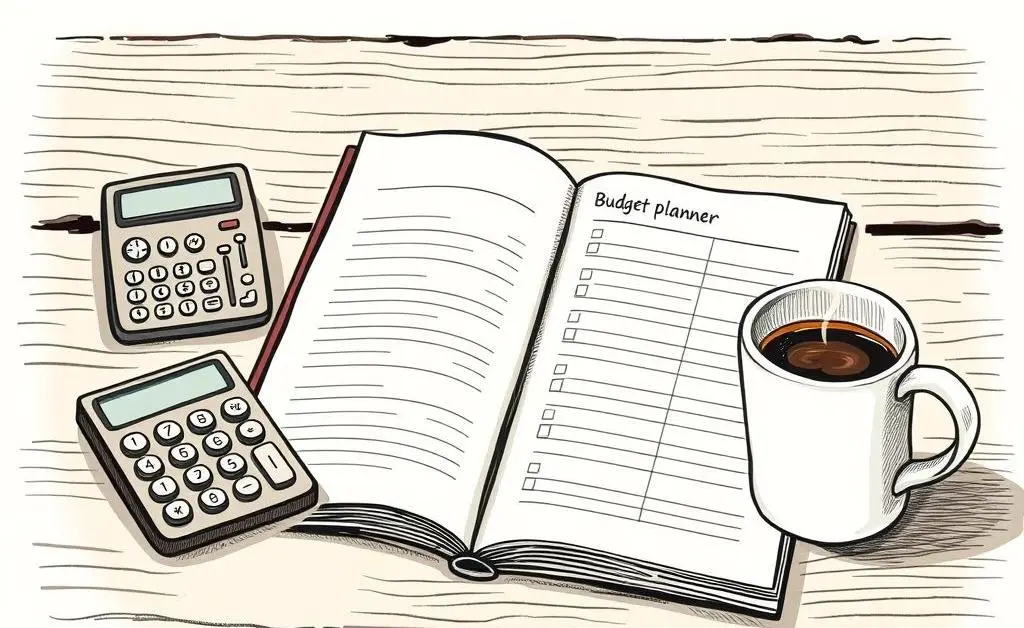 A hand-drawn budget planner and calculator on a desk