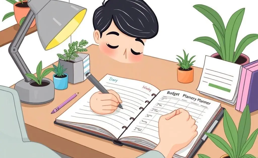 A person writing in a budget planner at a desk