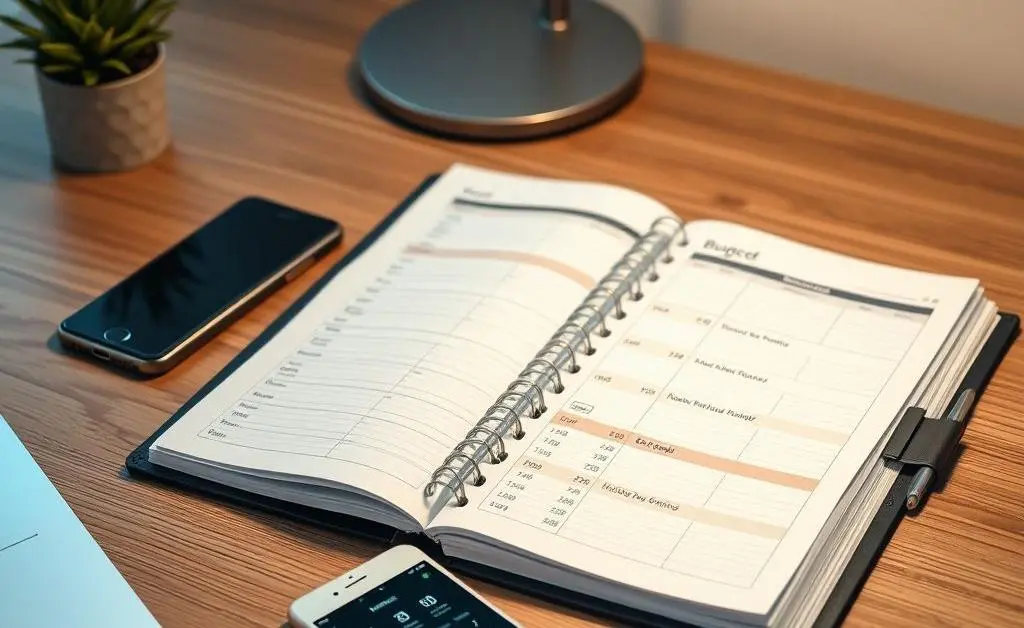 Scene of a desk with organized budget planner and a smartphone calculator.