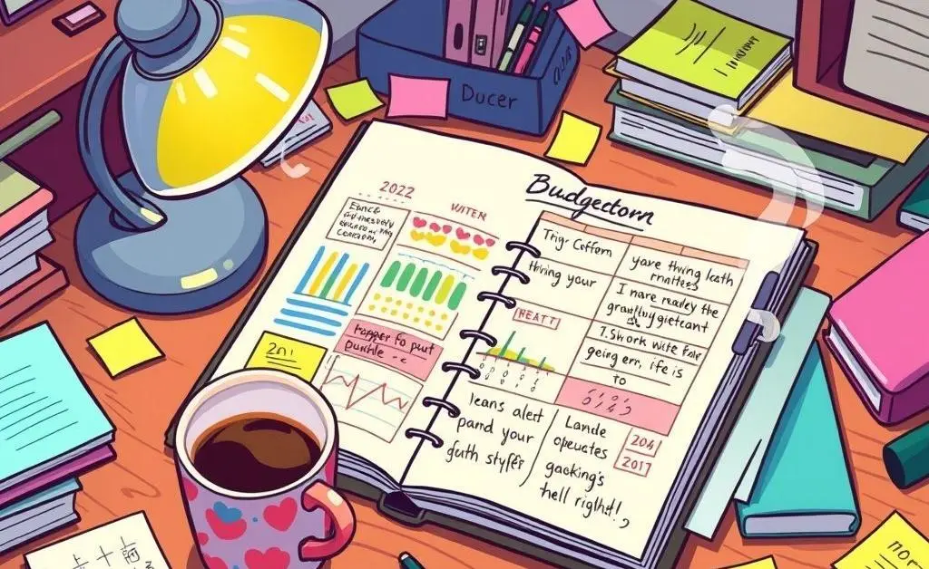 A desk with a budget planner open, surrounded by notes and a cup of coffee