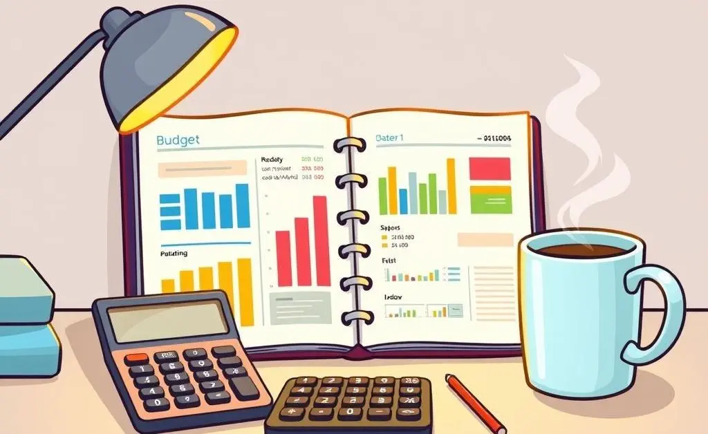 A desk with a budget planner and calculator