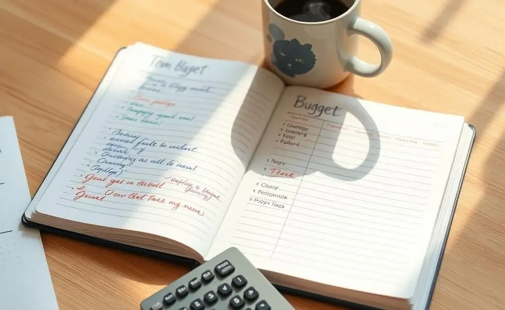 A desk setup with a budget planner, calculator, and a coffee mug