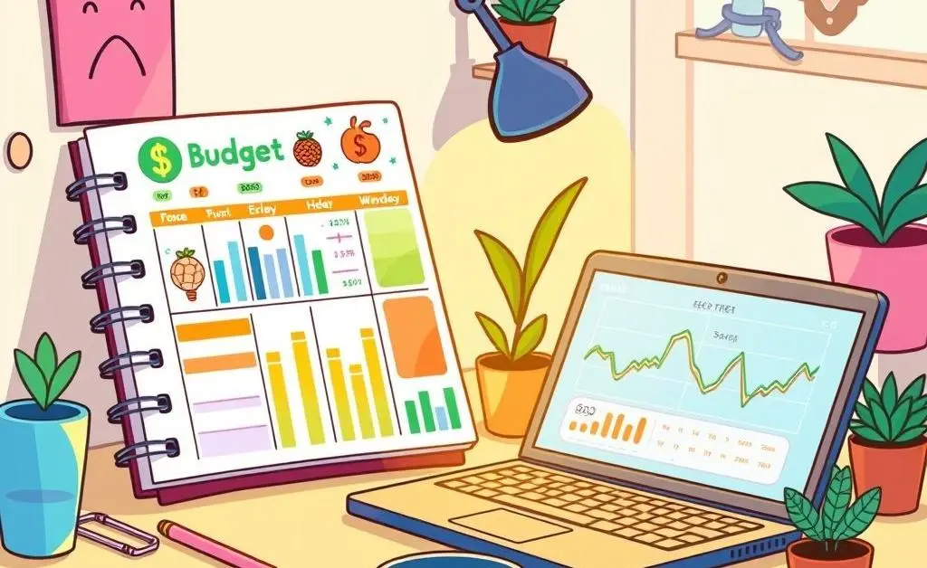 A cartoon-style workspace with a budget planner and a laptop open to stock data.
