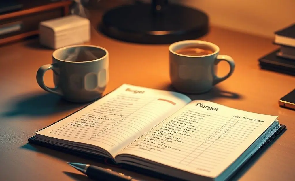 A desk with a neat budget planner open, a steaming coffee cup, and a pen laying nearby.