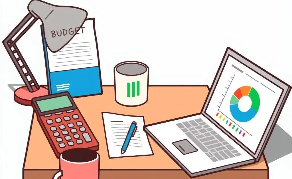 Desk with budget planner and financial tools