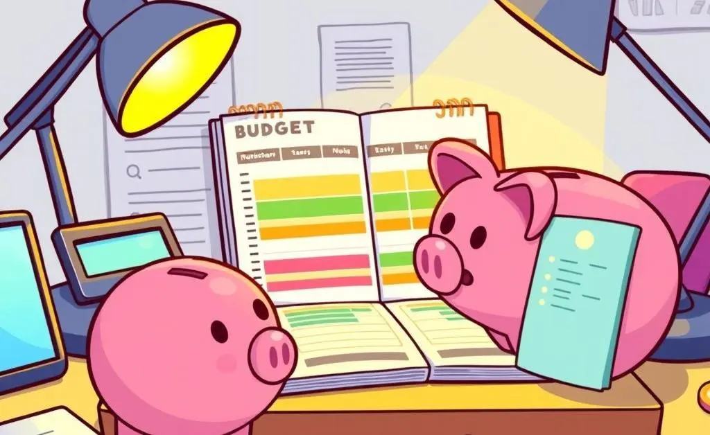 Cartoon-style image of a desk with a budget planner, calculator, and money-saving piggy bank.