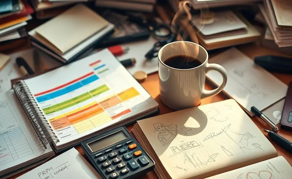 A cluttered desk with budget planning tools.