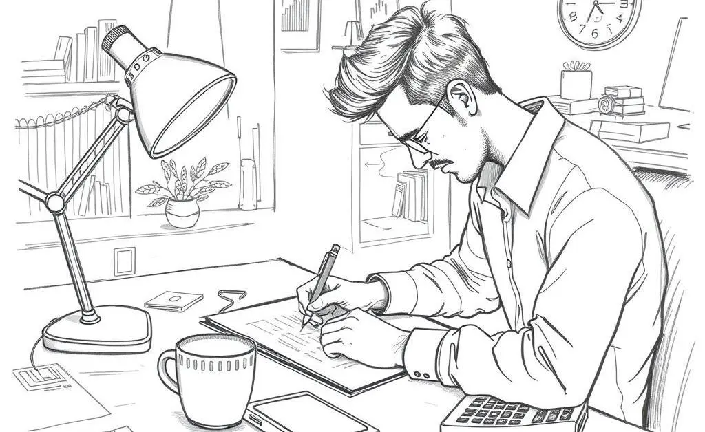 A hand-drawn person writing a budget plan at a tidy desk, surrounded by coffee cup and calculator.