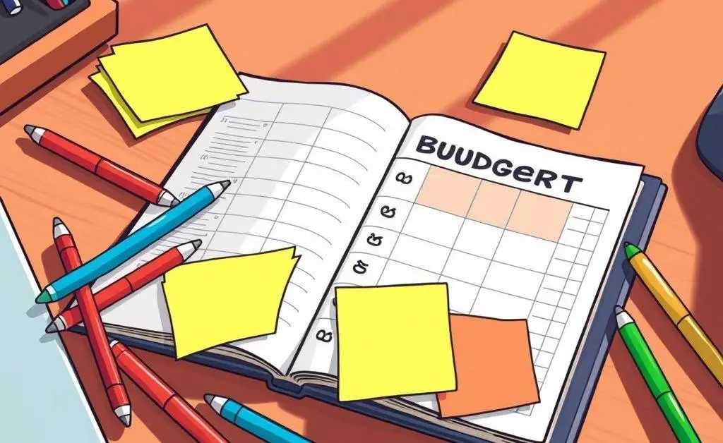 An open budget planner on a desk with colorful sticky notes