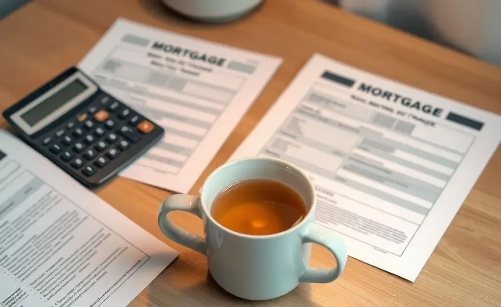 A tidy desk with mortgage documents, a calculator, and a cup of tea, portraying a calm budgeting session.