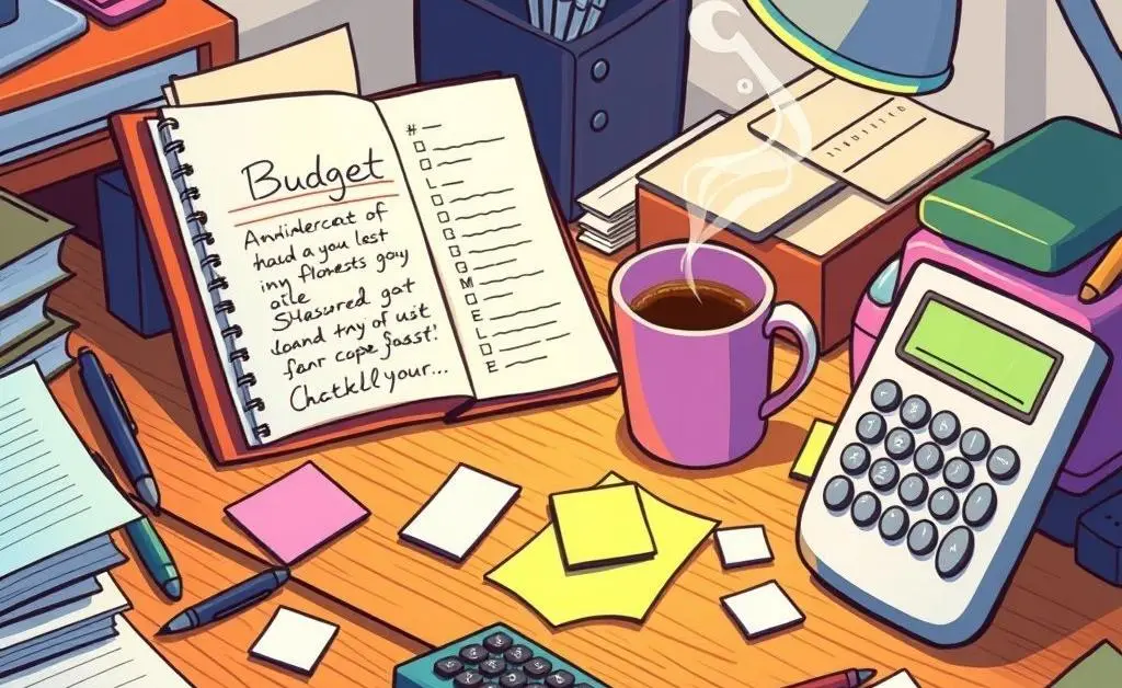 Cluttered desk with budget planner