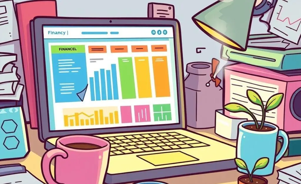 A cartoonish image of a desk with a laptop displaying a financial planner, coffee cup, and a small plant for the mood of focused financial planning.
