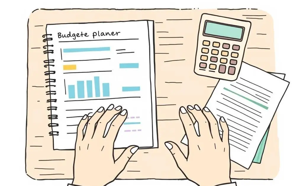 A calm person's hands planning budget with documents spread across a desk.