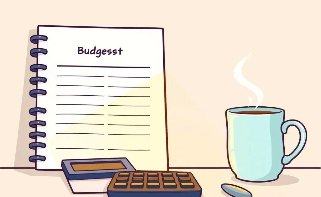 A minimalist desk setup with a budget planner, calculator, and a cup of coffee, in cartoon-style.