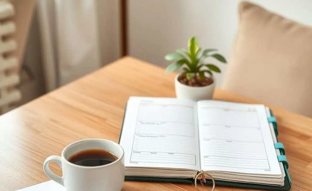 A desk with a budget planner, coffee cup, and a small plant in a cozy room.