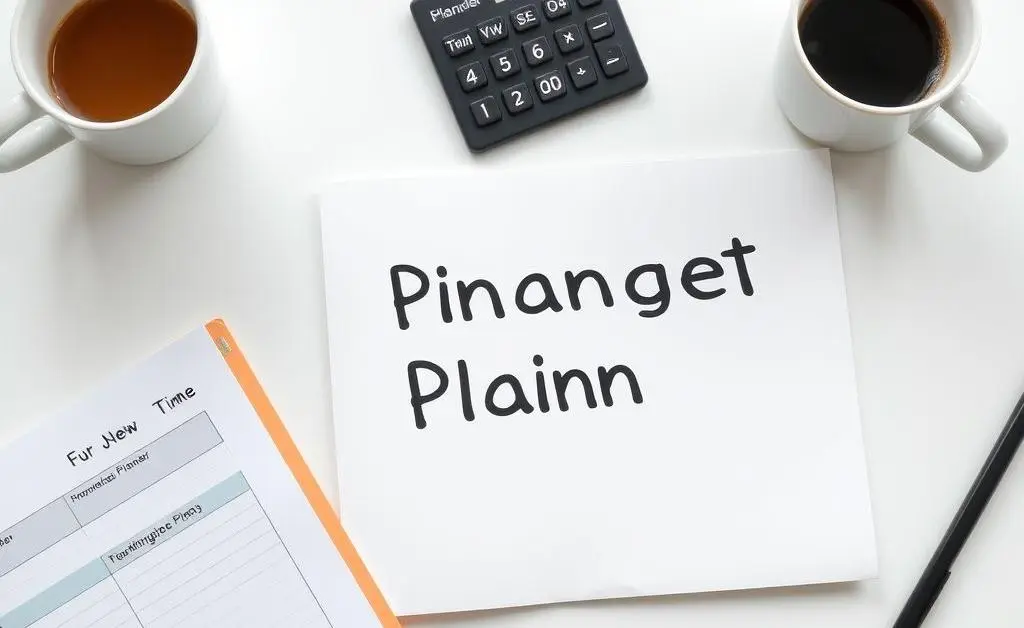 A tidy desk with a budget planner, calculator, and coffee cup